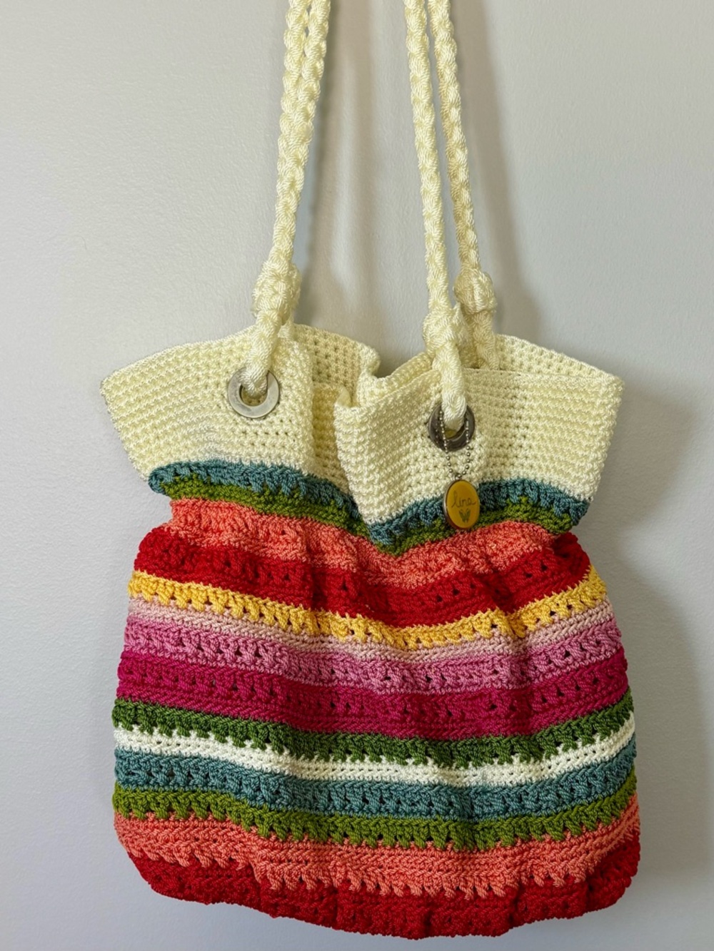 Lina Crochet Bohemian Drawstring Tote - Cream with Multicolor Stripes